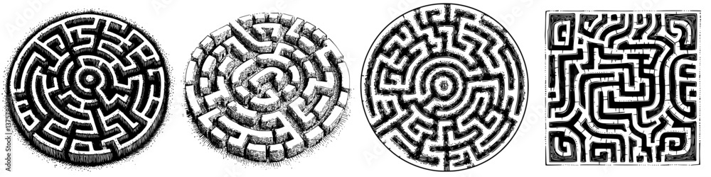 Poster intricate maze designs showcasing various patterns and complexities, inviting exploration and challe