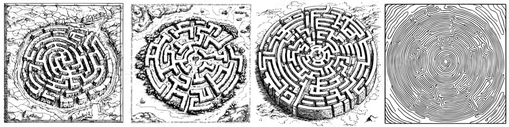 Poster intricate designs of labyrinths showcasing various patterns and paths in a detailed artistic represe