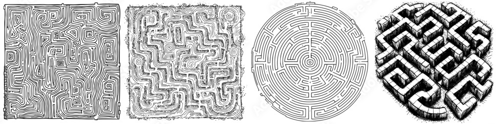 Poster exploring intricate maze designs in black and white showcasing various patterns and styles