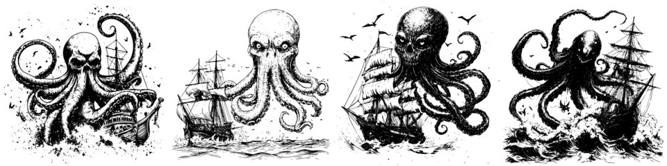 Epic sea battle with giant octopuses attacking ships in stormy waters during the classic pirate era
