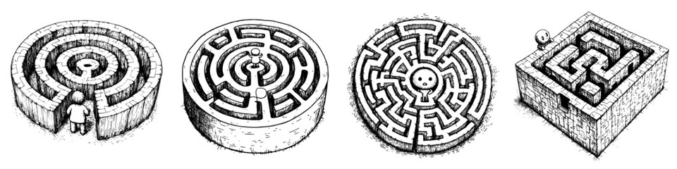 Intricate maze designs drawn in black and white, showcasing different styles and complexity for puzzle enthusiasts