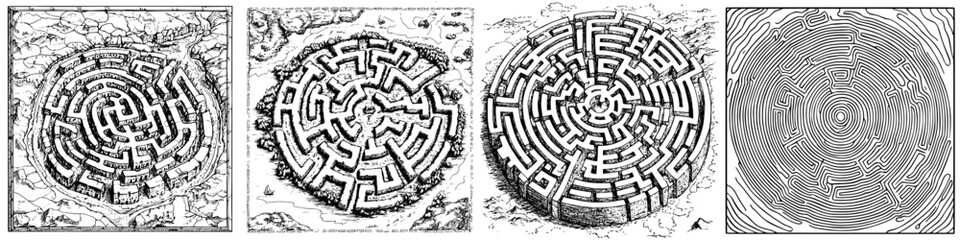 Intricate designs of labyrinths showcasing various patterns and paths in a detailed artistic representation