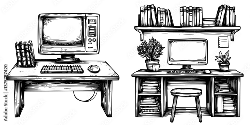 Poster artwork depicting two different desk setups with computers and bookshelves in a workspace setting