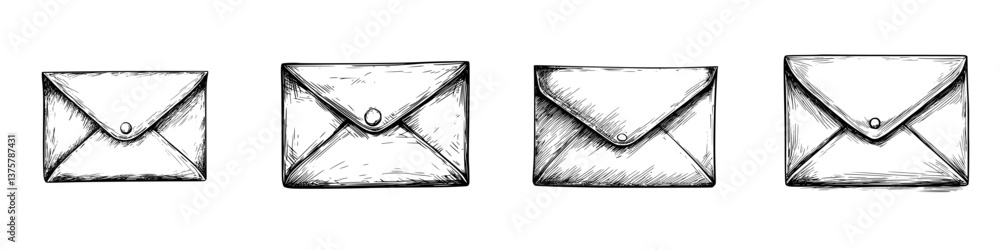 Poster various sketches of envelopes displayed in a row, showcasing different designs and styles for commun
