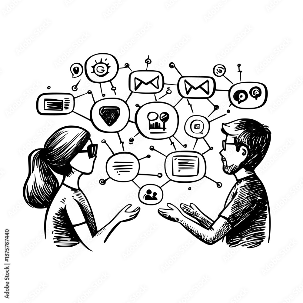 Poster two people discussing networking concepts in a creative illustration with digital elements in the ba