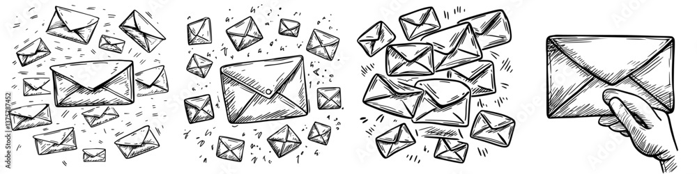 Poster creative illustration of flying envelopes symbolizing communication and connection across different 