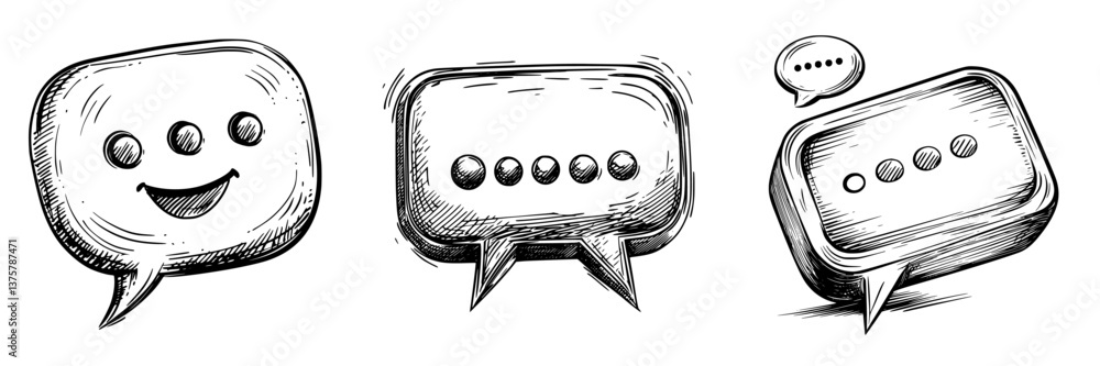 Poster creative sketch of three chat bubbles with various expressions illustrating communication in a digit