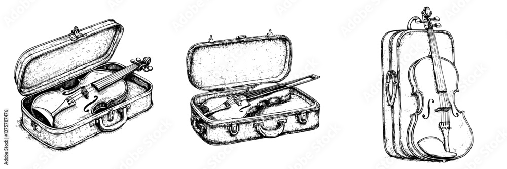 Poster violin with case and bow displayed in a detailed sketch style on a neutral background