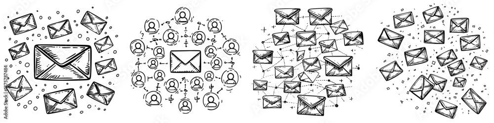 Poster creative sketches of various envelopes and communication networks illustrating messaging concepts