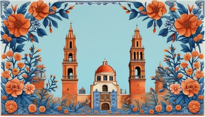 Mexican wedding invitation design featuring traditional floral border and historic architecture with copy space