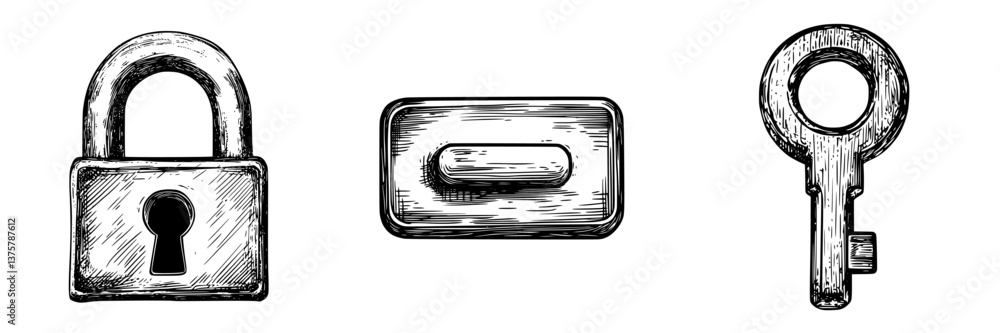 Poster illustration of a padlock, unlocking mechanism, and key representing security and access control con