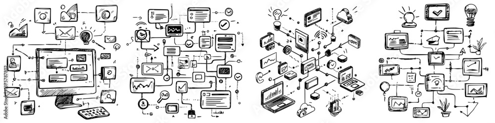Poster conceptual illustration of digital communication and technology in a modern workspace environment