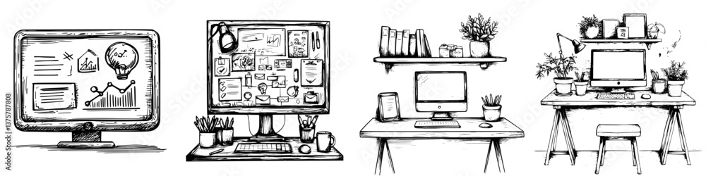 Poster workspace illustrations showcasing creative desk setups with computers and decorative plants in a mi