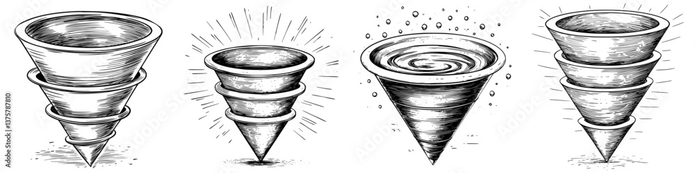 Poster different types of vortexes illustrating swirling patterns and motion created in various artistic st