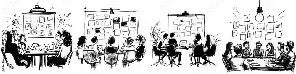 Poster collaborative brainstorming session in a creative workspace between professionals discussing innovat