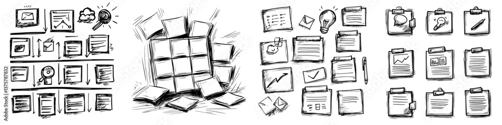Poster creative brainstorming with papers and documents scattered around a workspace during an afternoon se