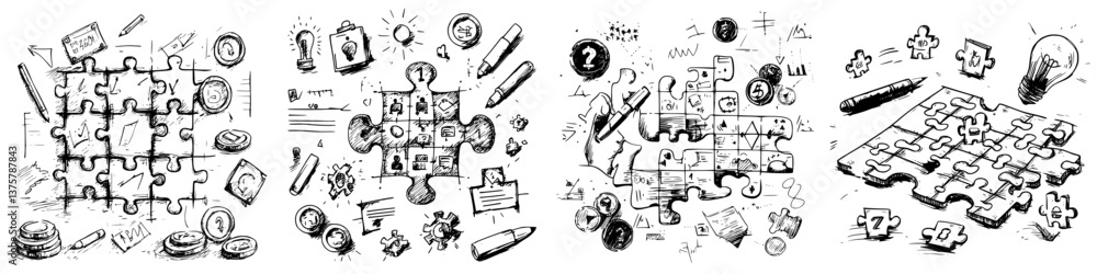 Aufkleber creative brainstorming process with puzzle pieces in a collaborative workspace during a sunny aftern