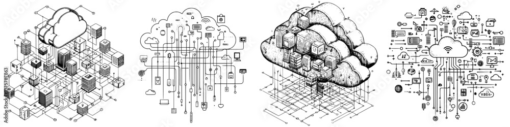 Poster exploring digital cloud networks with interconnected data systems in modern technology