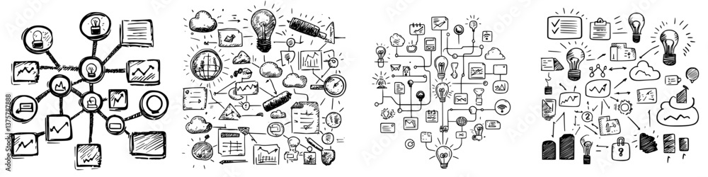Poster creative brainstorming session with various ideas and concepts related to innovation and collaborati