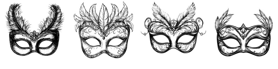 Collection of elegant masquerade masks featuring intricate designs and feathers displayed on a white background