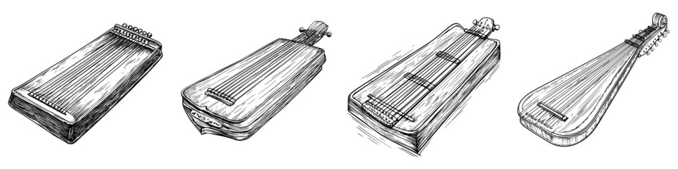 Obraz premium Various designs of traditional string instruments arranged in a row showcasing their unique shapes and craftsmanship