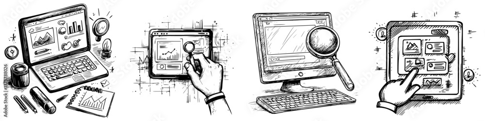 Poster detailed illustrations of digital analytics tools showcasing various forms of tech engagement and da