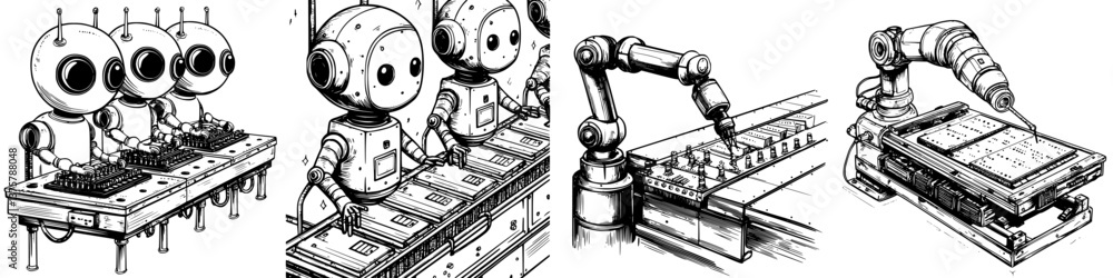 Aufkleber robots working together in a factory setting to assemble electronic components during the day