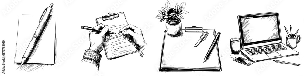 Aufkleber writing tools and activities in a workspace with plants and technology during daytime