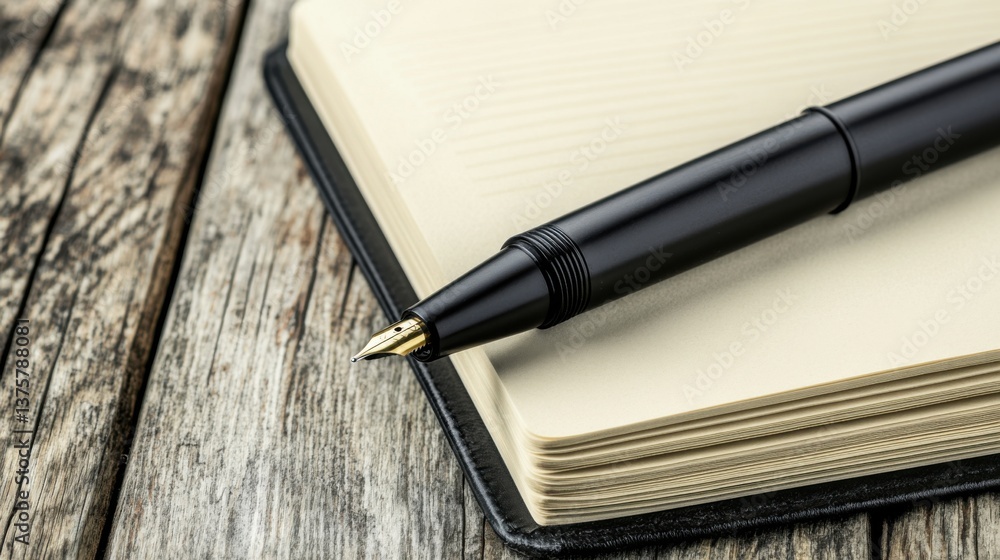 Poster a sleek black pen rests on an open notebook with blank pages, placed on a rustic wooden surface, cre
