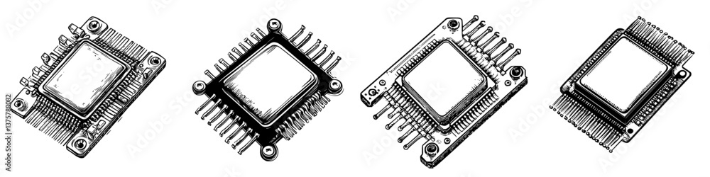 Poster different types of microchips displayed in a row with intricate designs and pin configurations
