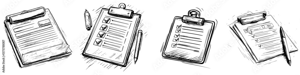 Poster collection of clipboards with checklists and notes in a workspace setting during daytime