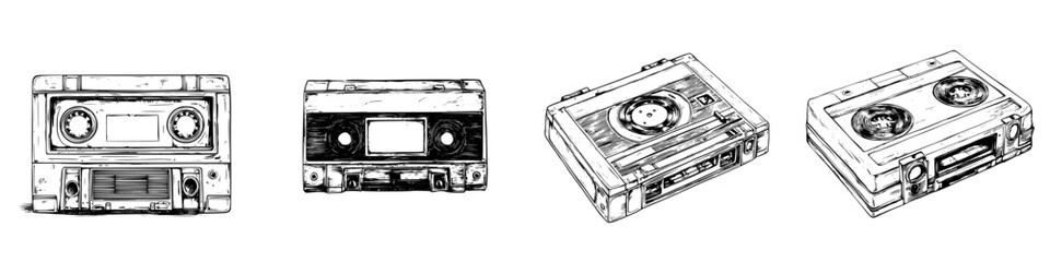 Vintage cassette tapes showcase nostalgic audio technology from the past in a creative hand-drawn style