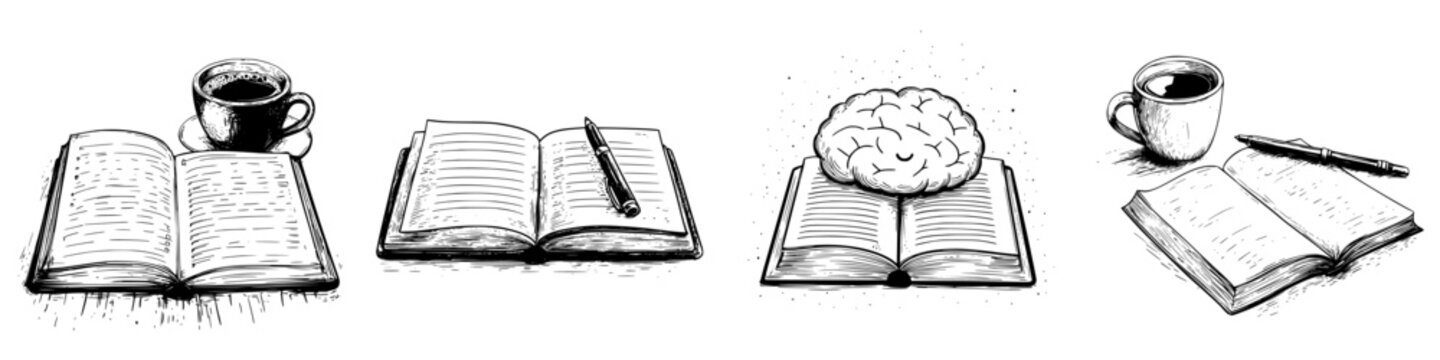 Creative illustrations of coffee, books, and brain showcasing reading and mindfulness in a cozy setting