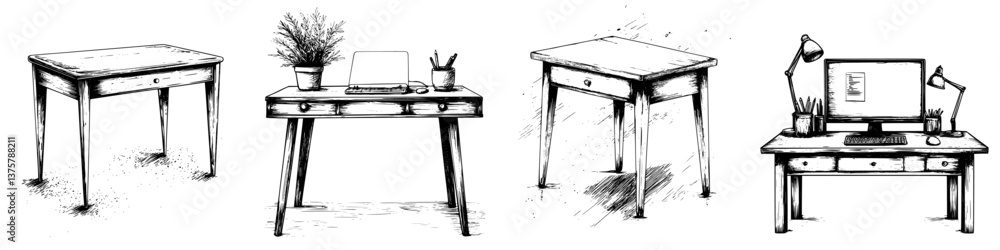 Poster sketches of different desk designs showcasing simplicity and functionality for modern workspaces