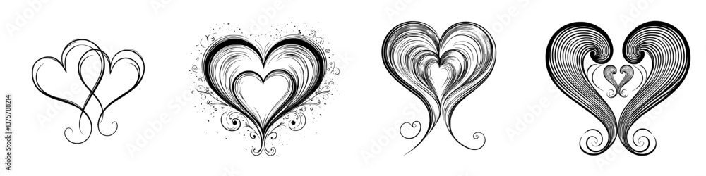 Poster various artistic heart designs showcasing unique shapes and patterns in a monochromatic style