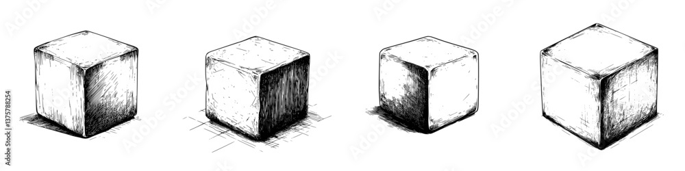 Poster sketches of different perspectives of a cube drawn in a classic style showcasing textures and shadow