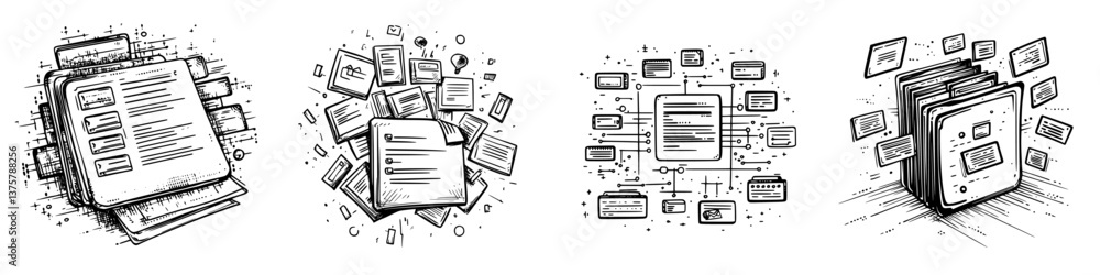 Poster conceptual illustrations of document management and digital organization in a modern office setting