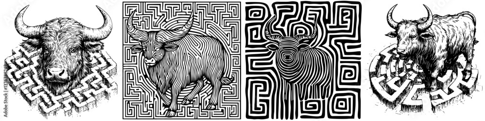 Poster artistic exploration of bulls within intricate maze patterns highlights creativity and attention to 