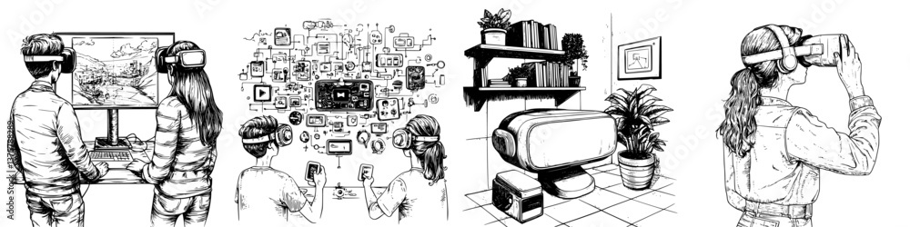 Poster exploring virtual reality through immersive gaming and technology in a modern setting