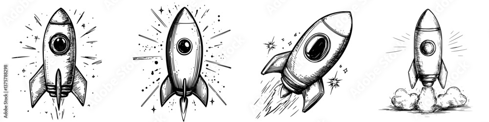 Poster various rocket illustrations showcasing a dynamic launch sequence against a minimalist backdrop