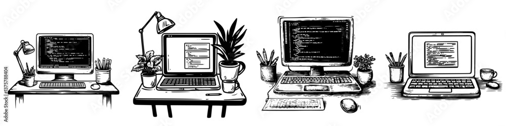 Poster different work desks featuring computers and plants in a creative workspace setting during the day