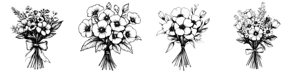 Beautiful floral bouquet illustrations showcasing various flower arrangements and designs with detailed line art