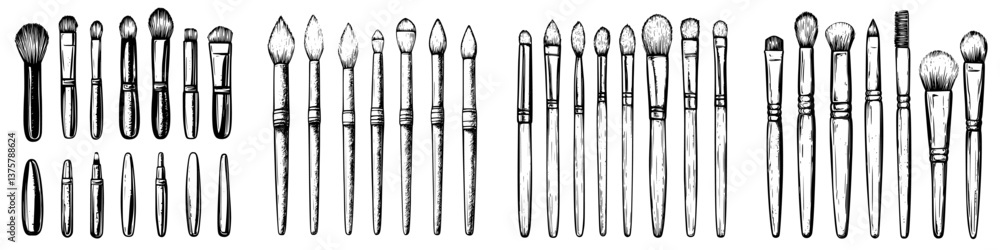 Poster collection of various artistic brushes arranged in a neat pattern showcasing craftsmanship and diver