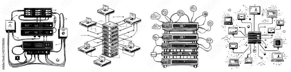 Poster complex network diagram showcasing interconnected systems and devices in a modern technological envi