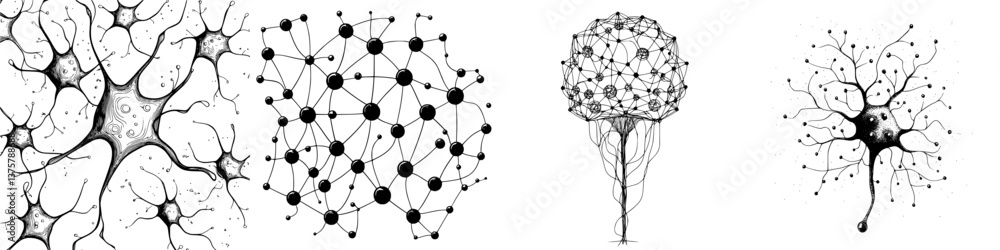Poster exploring intricate designs of neurons and neural networks in black and white illustrations