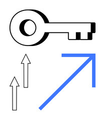 Black key beside arrows pointing upward and diagonal blue arrow. Ideal for success, growth, progress, opportunity, solutions, innovation, achievement. Flat simple metaphor