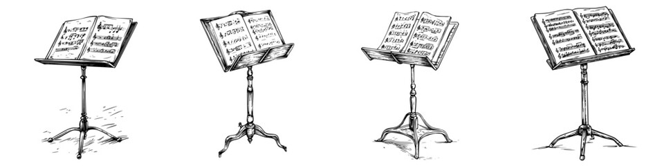 Various designs of music stands showcasing functional artistry in a sketched format