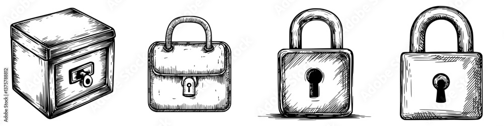 Poster various sketches of locks and a secure box highlighting concepts of security and protection in every