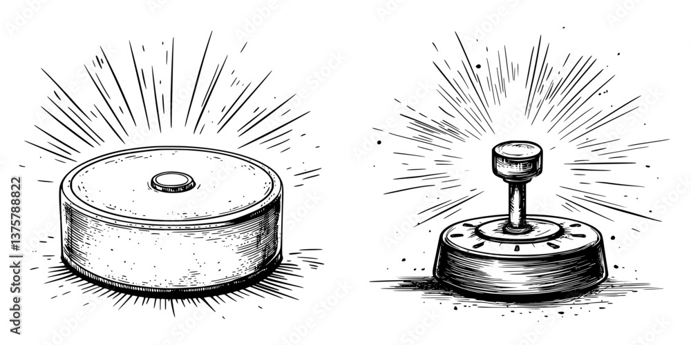Poster engraving of two diverse objects with emanating light effects in a minimalistic style