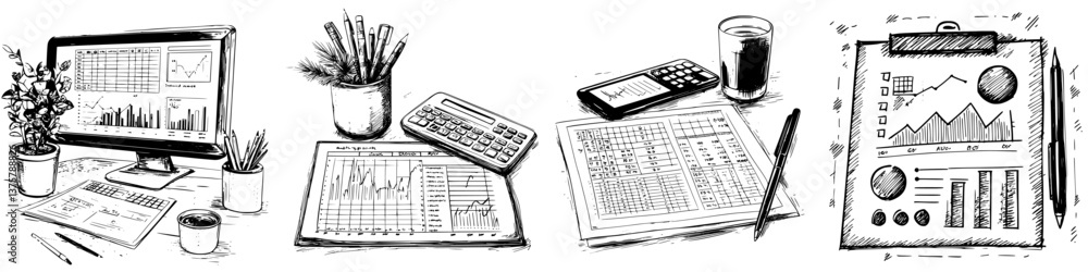 Poster charts and data analysis tools on a workspace desktop during business hours in a modern office setti